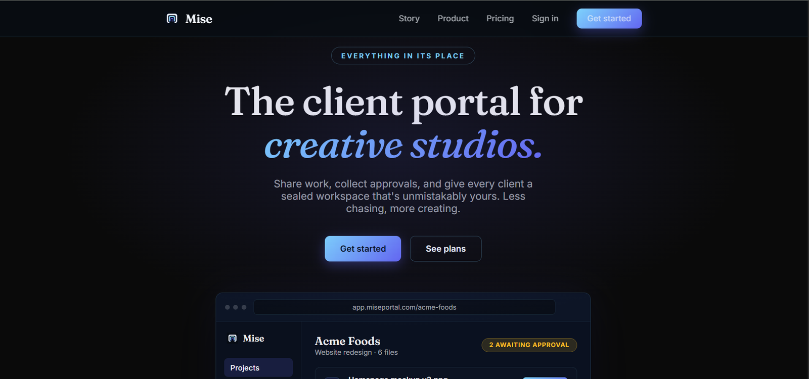 Mise landing page: 'The client portal for creative studios,' dark-mode design with app preview