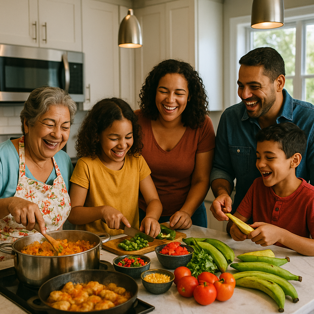 Concept render, square feed format of a family kitchen scene.